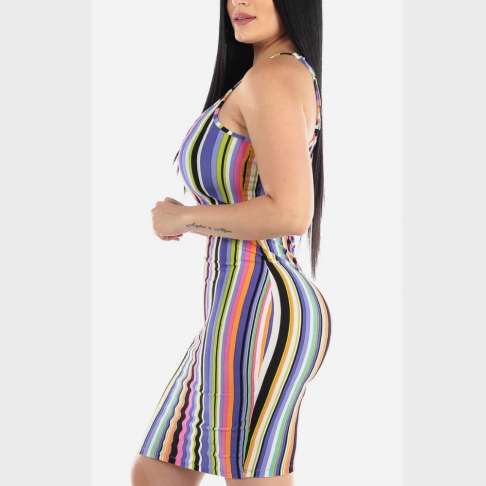 Multicolor Spaghetti Strap Striped Bodycon Dress - Picture 3 of 4